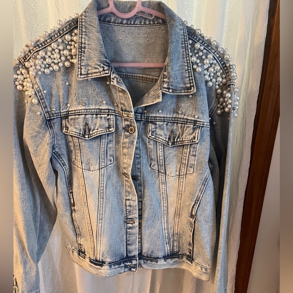 Pearl and rhinestoned jean jacket